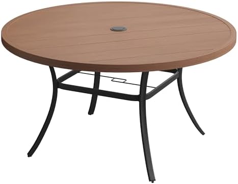 DIFY 50" Round Outdoor Patio Dining Table for 6, Metal Patio Table with 1.57" Adjustable Umbrella Hole, All-Weather Dining Furniture Table for Backyard Lawn Garden, Walnut