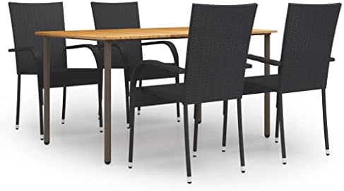 5 Piece Patio Dining Set with Solid Acacia Wood Table and Steel Frame, Black PE Rattan Chairs Stackable for Outdoor Use