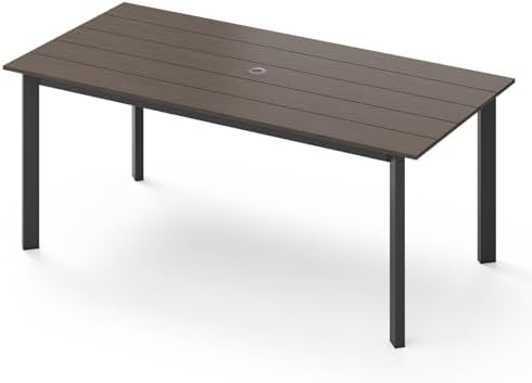 67" Rectangle HDPS Patio Dining Table, Aluminum Outdoor Patio Dining Table with Umbrella Hole, Weather-Resistant for Lawn, Garden, Yard, Poolside and Indoor Use (Gray & Teak)