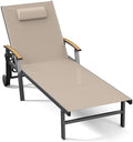 Ciokea Outdoor Lounge Chair with Pillow, 5-Position Aluminum Chaise Lounge with Wheels & Armrests, 400 lbs Heavy Duty Patio Pool Chair for Deck, Backyard, Beach & Poolside, Khaki