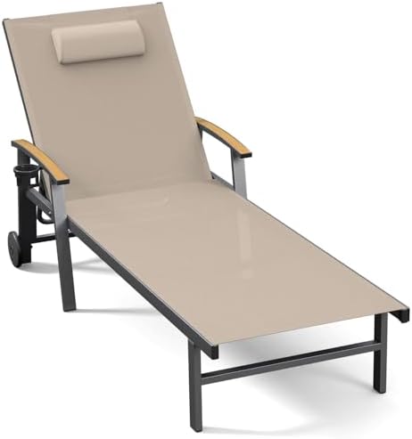 Ciokea Outdoor Lounge Chair with Pillow, 5-Position Aluminum Chaise Lounge with Wheels & Armrests, 400 lbs Heavy Duty Patio Pool Chair for Deck, Backyard, Beach & Poolside, Khaki