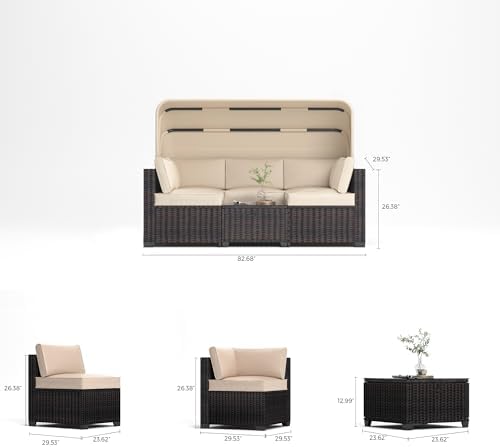 BROVAVE 83" Outdoor Rattan Sofa,6 Pieces Sets Patio Furniture with Retractable Canopy,Sectional Couch with Adjustable Backrest for Backyard,Garden,Poolside,Antique Grey White