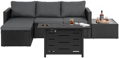 SUNLEI 4-Piece Patio Furniture Set with 43" Propane Fire Pit Table, L-Shaped PE Rattan Sectional Sofa, Washable Cushions, Outdoor Conversation Set,Black/Grey