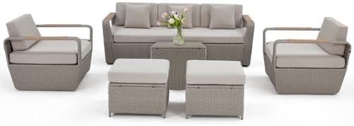HOMREST Patio Furniture Set, Oversized 7-Seat Outdoor Sectional with Ottoman and Coffee Table, Wicker Rattan Patio Sofa Set with 5" Thick Removable Cushions for Garden, Porch, Backyard, Light Gray