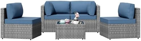 Patio Furniture Sets, 5 Piece Outdoor Sectional Sofas, Wicker Rattan Outdoor Furniture Patio Conversation Set, All-Weather PE Rattan Outdoor Couch for Backyard, Garden, Gray & Aegean Blue