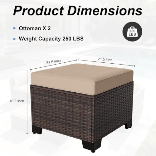 2 Pieces Wicker Ottomans, All Weather Rattan Patio Ottoman with Removable Cushion, Outdoor Footstools, Additional Seating, Side Table, Multipurpose Outdoor Furniture for Patio, Balcony, Khaki