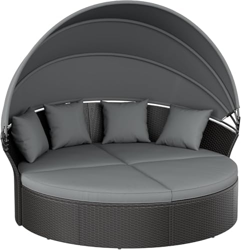 Patio Round Daybed with Canopy, Outdoor Wicker Rattan Sectional Sofa Set with Cushions, Patio Conversation Set for Backyard, Porch, Pool (Black)