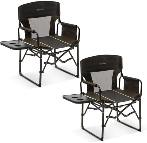 Directors Chair Foldable with Side Table, 400lb Heavy Duty for Adults Outdoor, Folding Camping Chair for Sideline Sports, Fishing, Patio, Lawn, Picnic, Beach, 2-Pack Brown