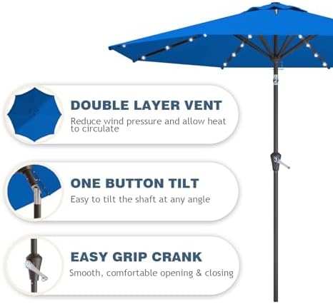9FT Patio Umbrella with Solar Lights,Outdoor Market Umbrella with Tilt and Crank, LED Lighted Table Umbrella for Garden,Deck,Backyard,Pool,Beach