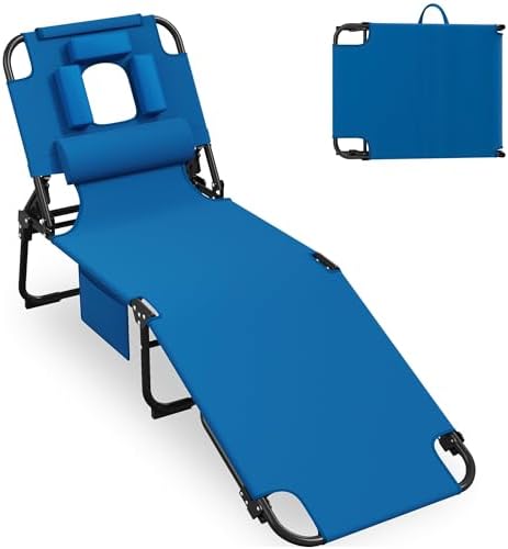 Folding Tanning Chair with FaceHole,5 Adjustable Positions, Blue