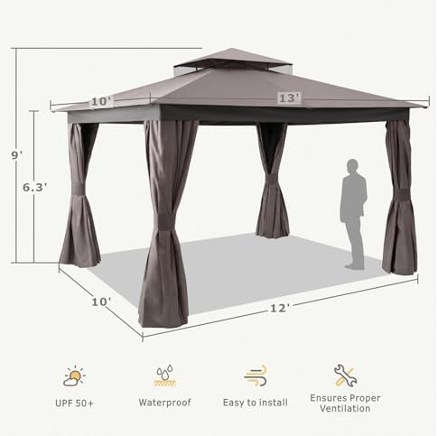 10'x12' Outdoor Patio Gazebo Canopy with Double Roofs and Mosquito Nettings