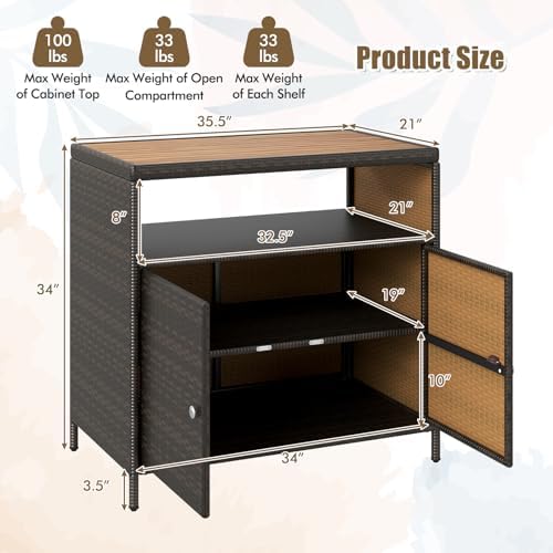 LDAILY Outdoor Storage Cabinet, Wicker Patio Buffet Cabinet with Acacia Wood Top, 2 Doors & Open Shelf, PE Rattan Bar Table for Garden, Kitchen, Backyard & Poolside, Mixed Brown