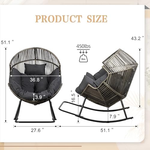 Vongrasig Wicker Egg Chair PE Rattan Rocking Chair with Cushion, Oversized Patio Lounge Rocker Chair for Outdoor, Indoor, Balcony, Backyard, Garden, Black/Rattan