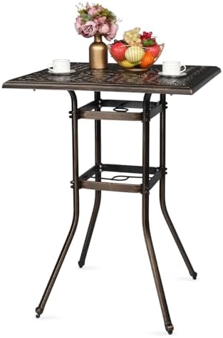Outdoor Bar Height Patio Table, All-Weather Cast Aluminum Square Bistro Table with 2" Umbrella Hole for Porch, Balcony, Backyard & Garden, Antique Bronze