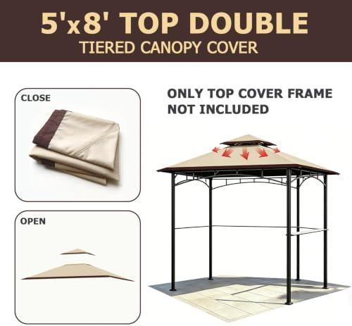 POOLTALE 5x8 FT Grill Gazebo Replacement Top, Outdoor BBQ Gazebo Top Cover, Double Tiered Layer BBQ Roof Gazebo Top Canopy Shelter