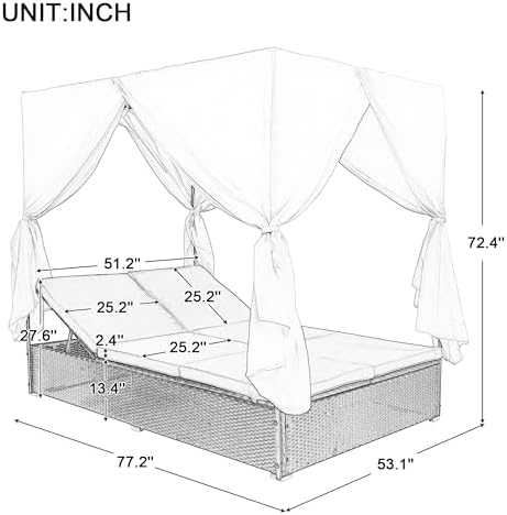 Wicker Metal Outdoor Patio Daybed with Canopy, Outside Poolside Chaise