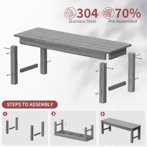Psilvam 47" HDPE Outdoor Bench for 2-Person, 700 LBS Capacity, Light Grey