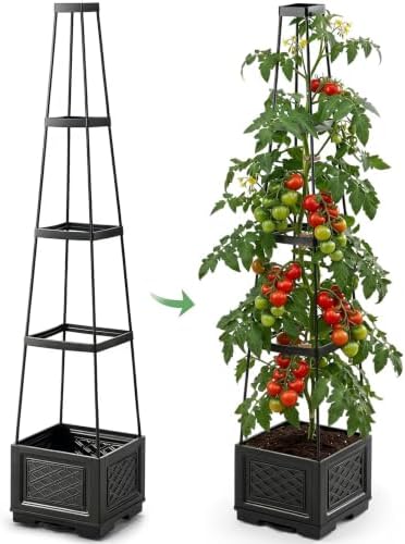Tomato Planter with Wheels, 57" Self Watering Raised Garden Bed with Tomato Cage & Trellis for Light Climbing Plants, Cherry Tomatoes