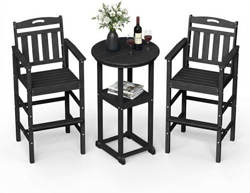 Ciokea Outdoor High Top Bar Set of 3, Space-Saving Bistro Table and Chairs, All-Weather Small Bar Set with Storage Shelf, Round Table with 2 Oversized Adirondack Chairs for Balcony Deck, Black