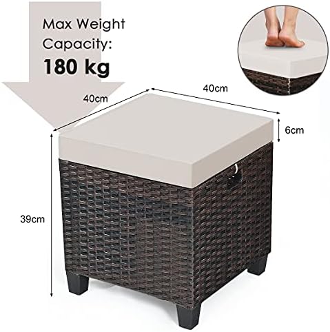mayjooy 2-Piece Rattan Patio Ottoman, All Weather Wicker Ottoman w/Removable Cushion & Steel Frame, Outdoor Footstool Footrest Furniture (Brown) , 16”x16”x18