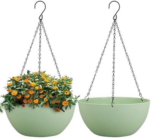 WSMKSZ 10 inch Hanging Planters for Outdoor Indoor Plants with Drainage Holes and Chain, 2 Pack Round Hanging Flower Pots for Garden Home Porch Decor,Green