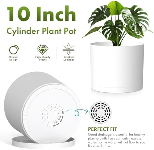 10 Inch Round Plastic Plant Pot with Drainage Holes and Saucer, Wide