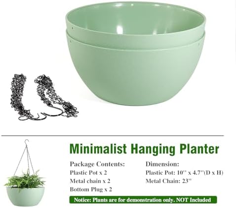 WSMKSZ 10 inch Hanging Planters for Outdoor Indoor Plants with Drainage Holes and Chain, 2 Pack Round Hanging Flower Pots for Garden Home Porch Decor,Green
