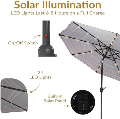 Sunnydaze 9-Foot Outdoor Patio Umbrella with Solar Lights, Awning Stripe