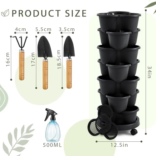 Umigy 2 Set Black 7 Tier Stackable Vertical Planters with Removable Wheels and Tools Tower Planters Strawberry Herb Flower Vegetable Pots Indoor Outdoor Gardening Pots