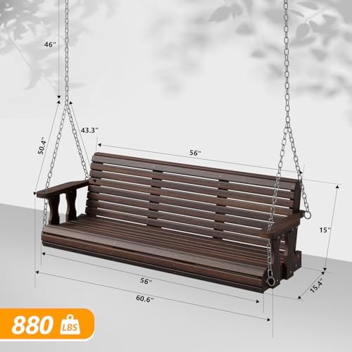 VINGLI 5 FT Heavy Duty Wooden Porch Swing, 880 LBS Outdoor Swing, Rustic