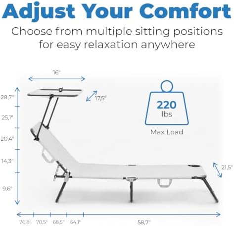 Folding Outdoor Lounge Chair with Canopy - Portable & Adjustable Beach Lounge Chair - 5-Positions, Carry Handles, 600D Fabric, 220 lbs Capacity – Tanning Chaise Lounge for Beach, Patio (2, Cream)