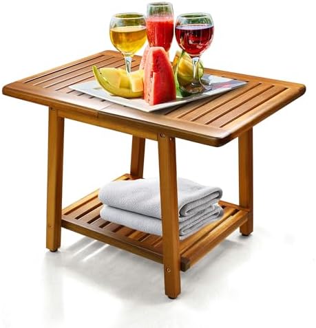 ENKEZI Acacia 24 Inches Outdoor Side Table, 2-Tier Sturdy Patio, End
