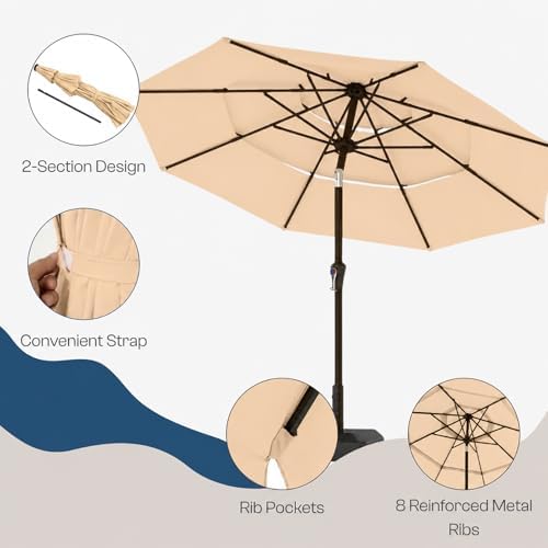 10ft 3 Tier Patio Umbrella, Outdoor Market Table Umbrella with UPF 50+ Vented Canopy, 8 Sturdy Ribs, Easy Push Button Tilt and Crank, Windproof for Deck, Pool, Backyard and Garden