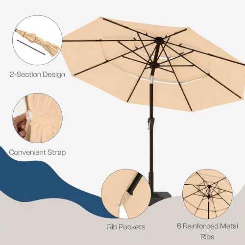 10ft 3 Tier Patio Umbrella, Outdoor Market Table Umbrella with UPF 50+ Vented Canopy, 8 Sturdy Ribs, Easy Push Button Tilt and Crank, Windproof for Deck, Pool, Backyard and Garden