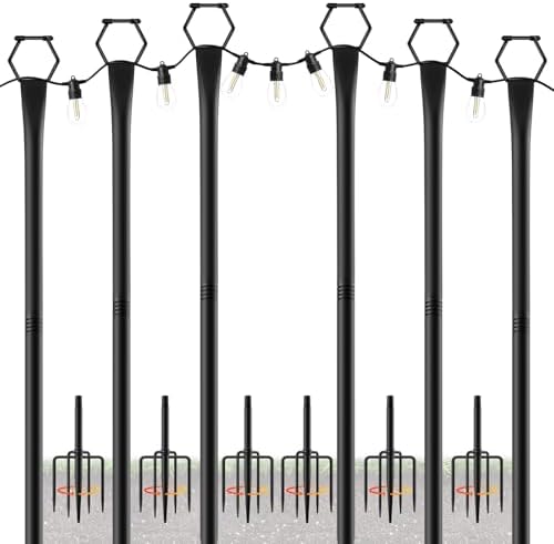 10Ft String Light Poles 6 Pack,Light Poles for Outside Lights,Outdoor with Fence Brackets Hanging Lights,Metal Stand Deck Patio Backyard