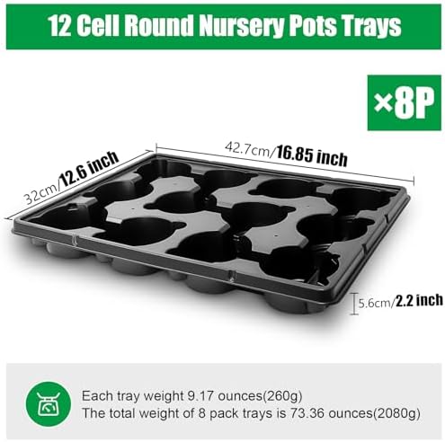 BTPLASTIK 12 Cell Round Nursery Pots Trays 8 Pack, Sturdy Carrying Trays for Holding 4 Inch Plant Pots, Thickened Plastic Seeding Planting Tray, Black