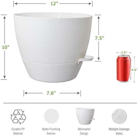 UOUZ 12inch Self Watering Pots, Plastic Planters with Mesh Drainage Holes and Deep Reservoir for Indoor Outdoor Garden Plants and Flowers, White