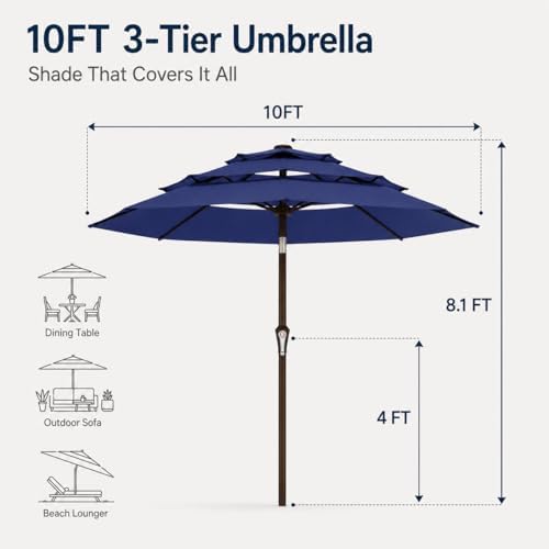 10ft Patio Umbrella, 3-Tier Vented Outdoor Table Umbrella with 8 Sturdy Fiberglass Ribs, Windproof Market Umbrella with Push Button Tilt and Crank, UV Protection for Deck, Pool, Navy Blue