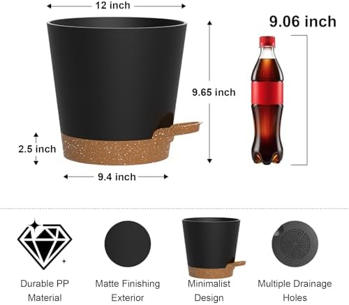 12 inch Large Self Watering Pots for Indoor Plants, Plastic Planters Pots with Multi-Mesh Drainage Holes and Saucer, Flower Pot for Indoor and Outdoor Garden Plants (Black with Brown)