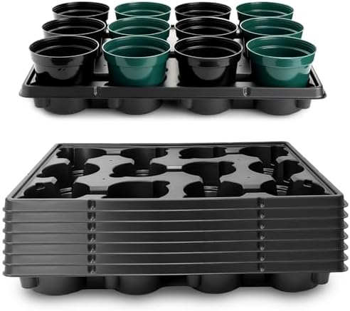 BTPLASTIK 12 Cell Round Nursery Pots Trays 8 Pack, Sturdy Carrying Trays for Holding 4 Inch Plant Pots, Thickened Plastic Seeding Planting Tray, Black