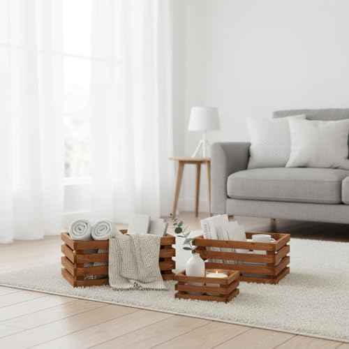 Set of 3 Nesting Wooden Storage Crates - Rustic Wooden Storage Crates for Display Brown Wood Container Boxes Wood Baskets for Farmhouse Flower Stand Display Rack for Shops or Exhibitions Home Decor
