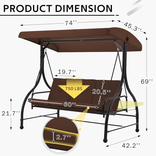 U-MAX Porch Swing Chair with Adjustable Backrest&Canopy, 3 Seat Patio