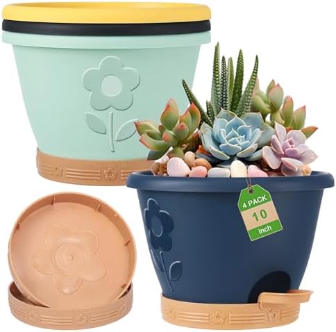 gegemaoyi Plastic Plant Pots 10 Inch Set of 4, Self Watering Pots with Drainage Holes, Saucer & Reservoir, Flower Pots for Indoor/Outdoor Plants, Decorative Nursery Planting Pots (Multicolor)