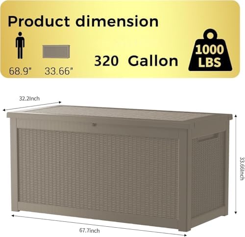 320 Gallon Outdoor Storage Box Waterproof, Lockable Resin Deck Box Large Storage Bin for Patio Furniture Cushion, Garden Tools, Pool Accessories, UV-Resistant Outside, Grey