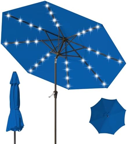 9FT Patio Umbrella with Solar Lights,Outdoor Market Umbrella with Tilt and Crank, LED Lighted Table Umbrella for Garden,Deck,Backyard,Pool,Beach