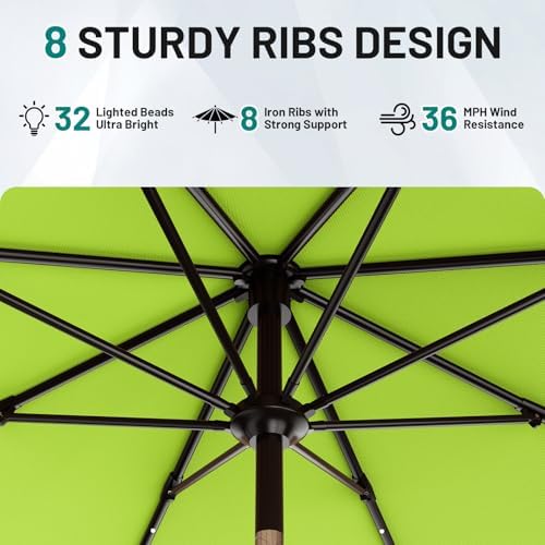 AreShark 9FT Patio Umbrella with Solar Lights, 32 Lighted Pool Umbrella w/Tilt and Crank, Outdoor Market Solar Umbrellas for Garden, Deck, Backyard, Pool and Beach, Apple Green