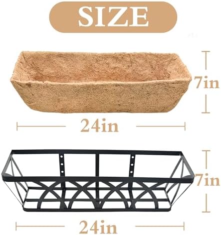 Flat Railing Planter Window Box 2 Pack 24" Horse Trough Planter with Coco Fiber Liner Metal Window Planters Box Deck Balcony Rail Planters for Outdoor Porch Fence Patio