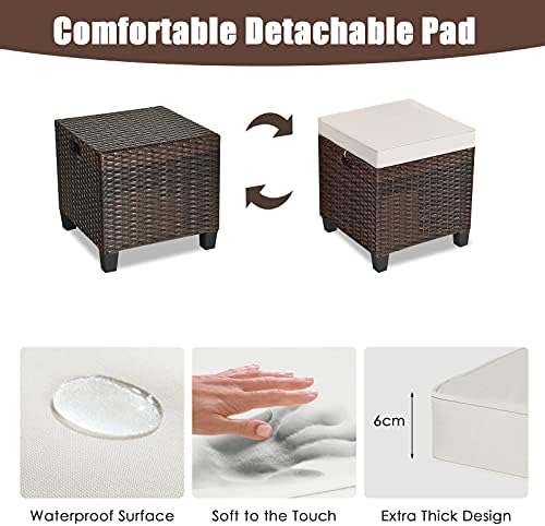 mayjooy 2-Piece Rattan Patio Ottoman, All Weather Wicker Ottoman w/Removable Cushion & Steel Frame, Outdoor Footstool Footrest Furniture (Brown) , 16”x16”x18