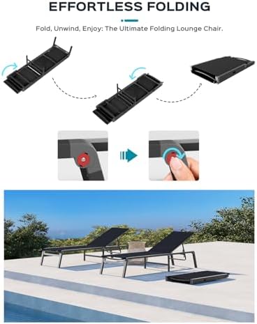 Ciokea Aluminum Chaise Lounge Ourdoor, Foldable & Assemble Free Outdoor Lounge Chair with 5 Adjustable Backrest, Patio Lounge Chair for Outside Poolside Beach Pool, Black