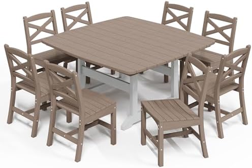 Outdoor Dining Set, HDPE 9-Piece Patio Table and Chairs Set, All-Weather Outdoor Dining Table Set for 8 with Umbrella Hole, Durable Patio Furniture Set with Chairs,White Brown